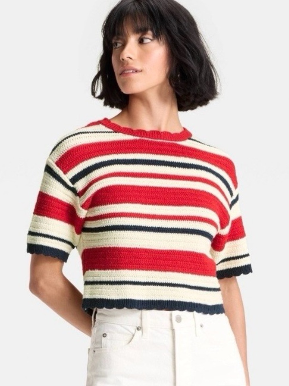 Universal thread white cream navy stripe cotton blend crop sweater